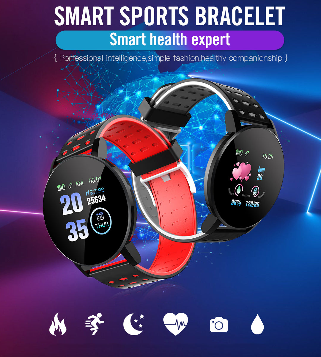 119Plus Smart Watch Men Women Smart Bracelet LED Smartwatch Waterproof Touch Screen Bracelet Sport Smartband Fitness Tracker