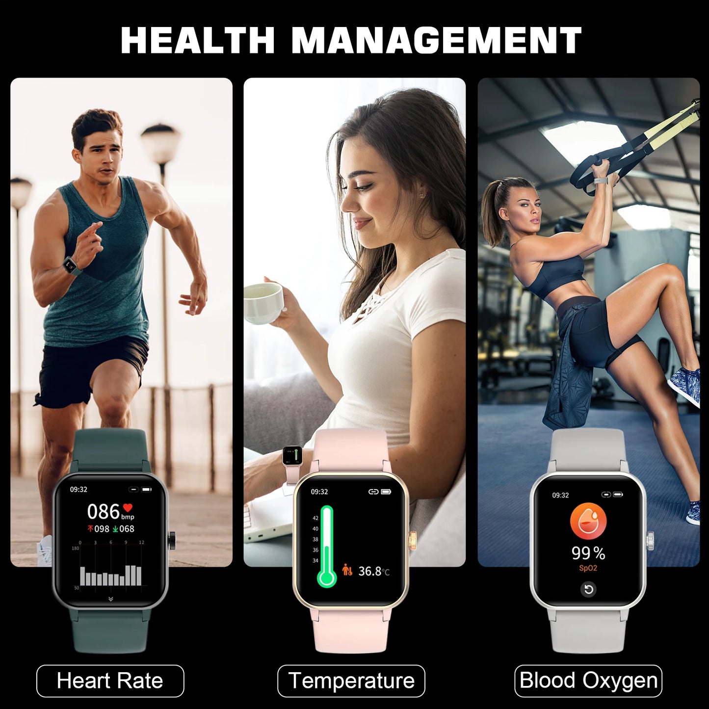 Smart Watch Men Women Sport Watches 1.69" Full Screen Smartwatch Heart Rate IP68 Waterproof Watch for Android IOS