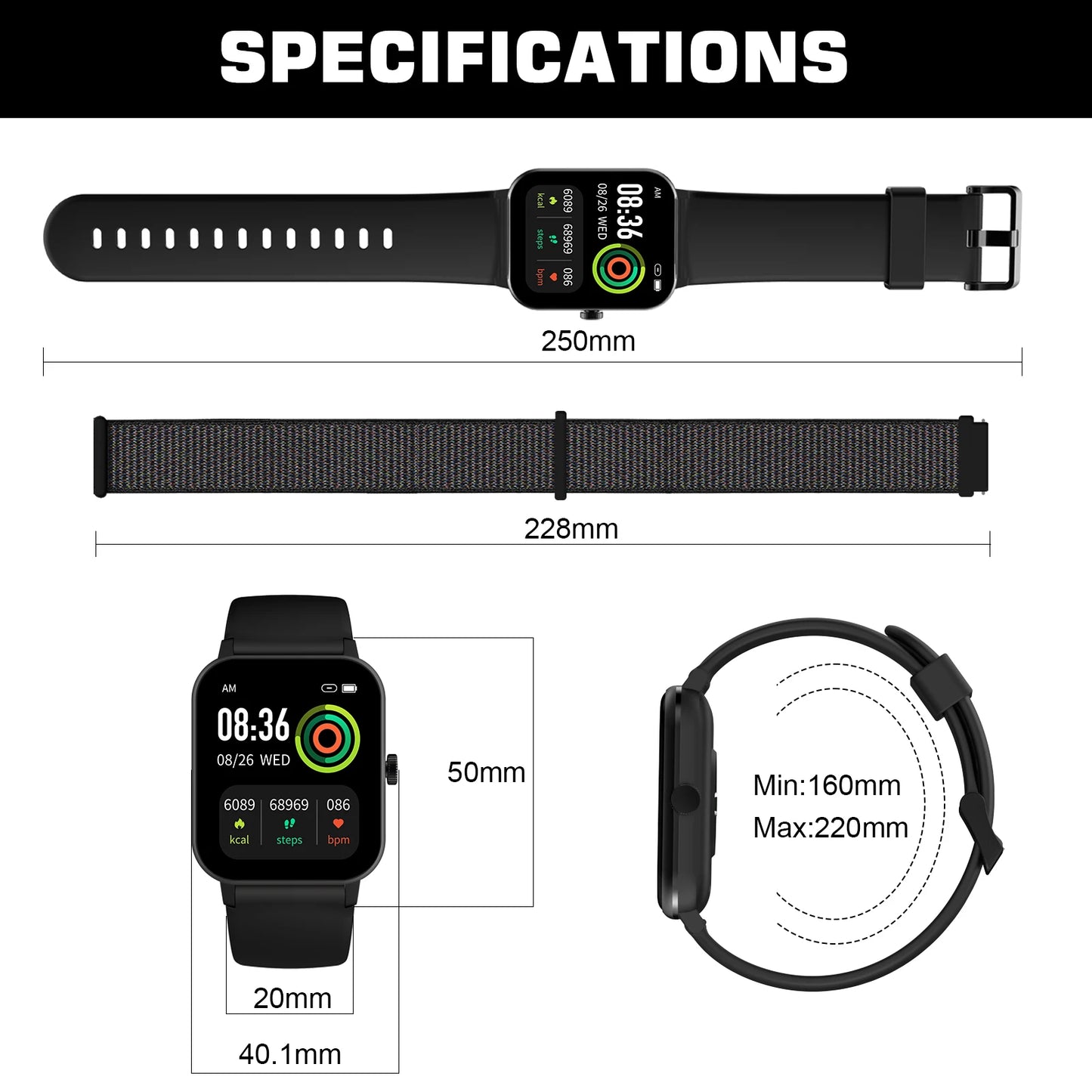 Smart Watch Men Women Sport Watches 1.69" Full Screen Smartwatch Heart Rate IP68 Waterproof Watch for Android IOS