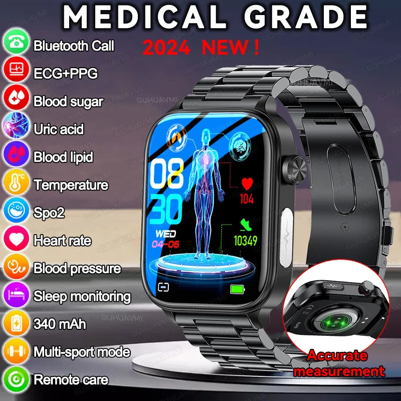 2024 New Blood Lipids Uric Acid Non-Invasive Blood Glucose Smart Watch Men ECG+PPG Bluetooth call AI Voice Assistant Smartwatch