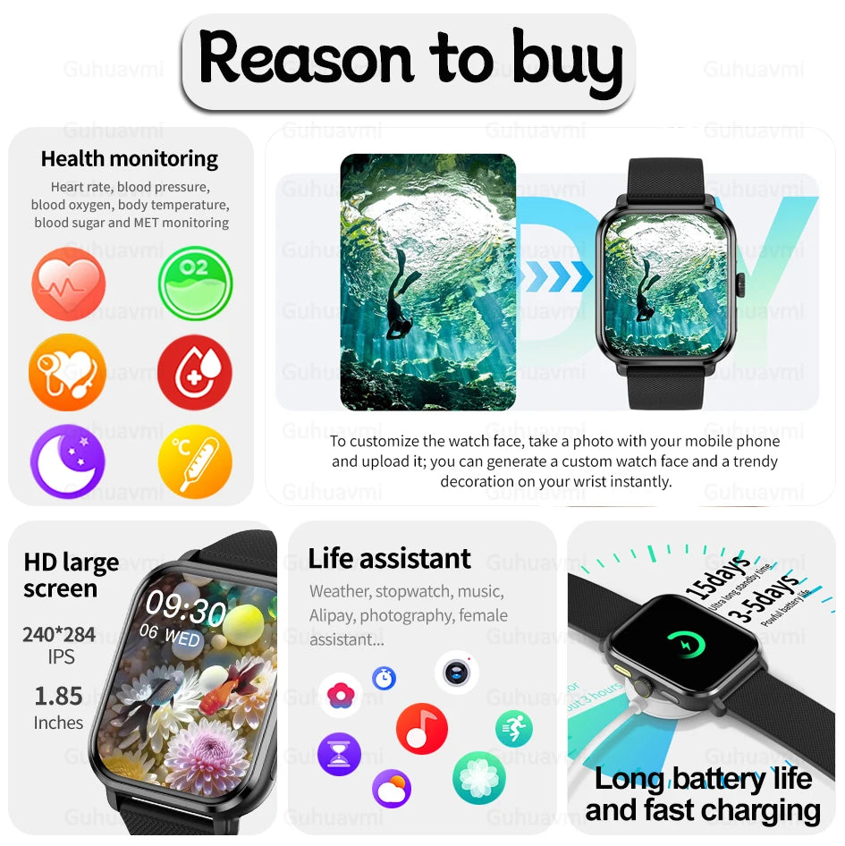 2024 Smart Watch Men 1.85-Inch Bracelet Fitness GPS Tracker Sports Watches Bluetooth Call Smart Clock's Men Smartwatch For IOS