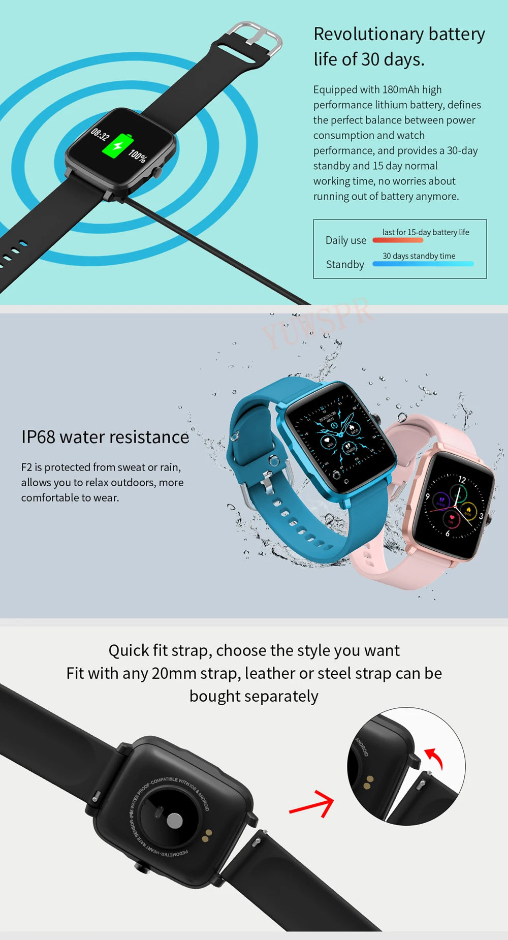 Ultra-thin Women Smart Watch IP68 Waterproof Heart Rate Blood Pressure Monitoring Fashion Smart Sports Bracelet for Lady Girl F2