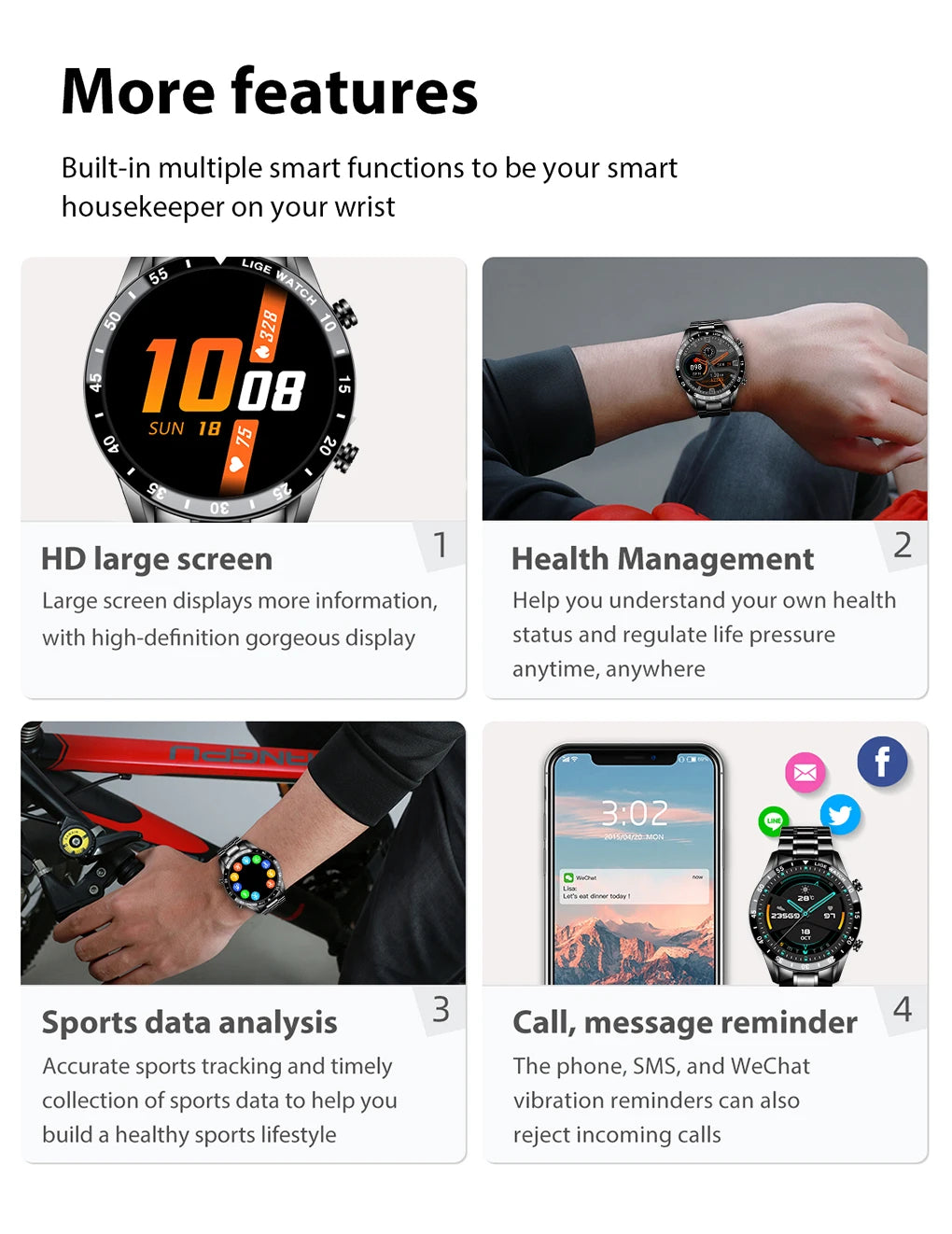 LIGE 2024 Smart Watch For Men Full Circle Touch Screen Bluetooth Call Men Smartwatch Waterproof Sport Activity Fitness Watch+Box