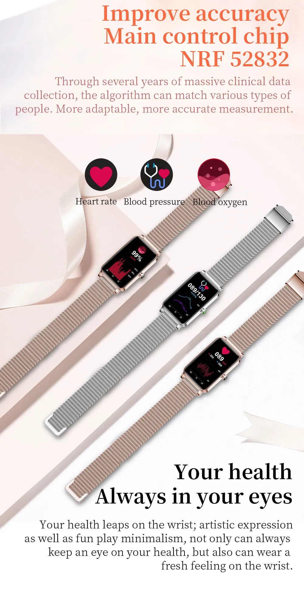 2024 Women Smart Watch Heart Rate Blood Pressure Blood Oxygen Girl Sports Fitness Wristband Multi-sports Mode Metal Watch Clock