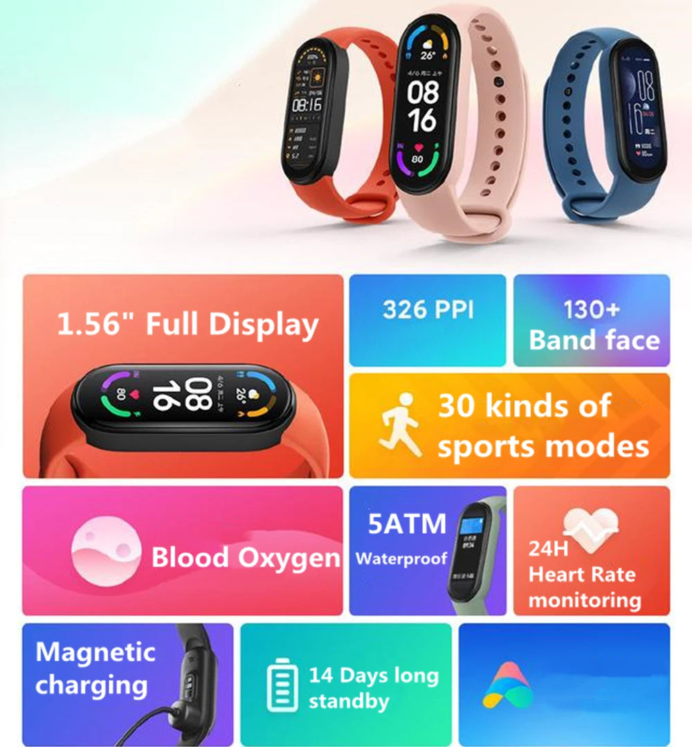 Xiaomi Mi Band 6 Smart Wristband AMOLED Blood Oxygen Fitness Traker Heart Rate Bluetooth Waterproof Miband 5