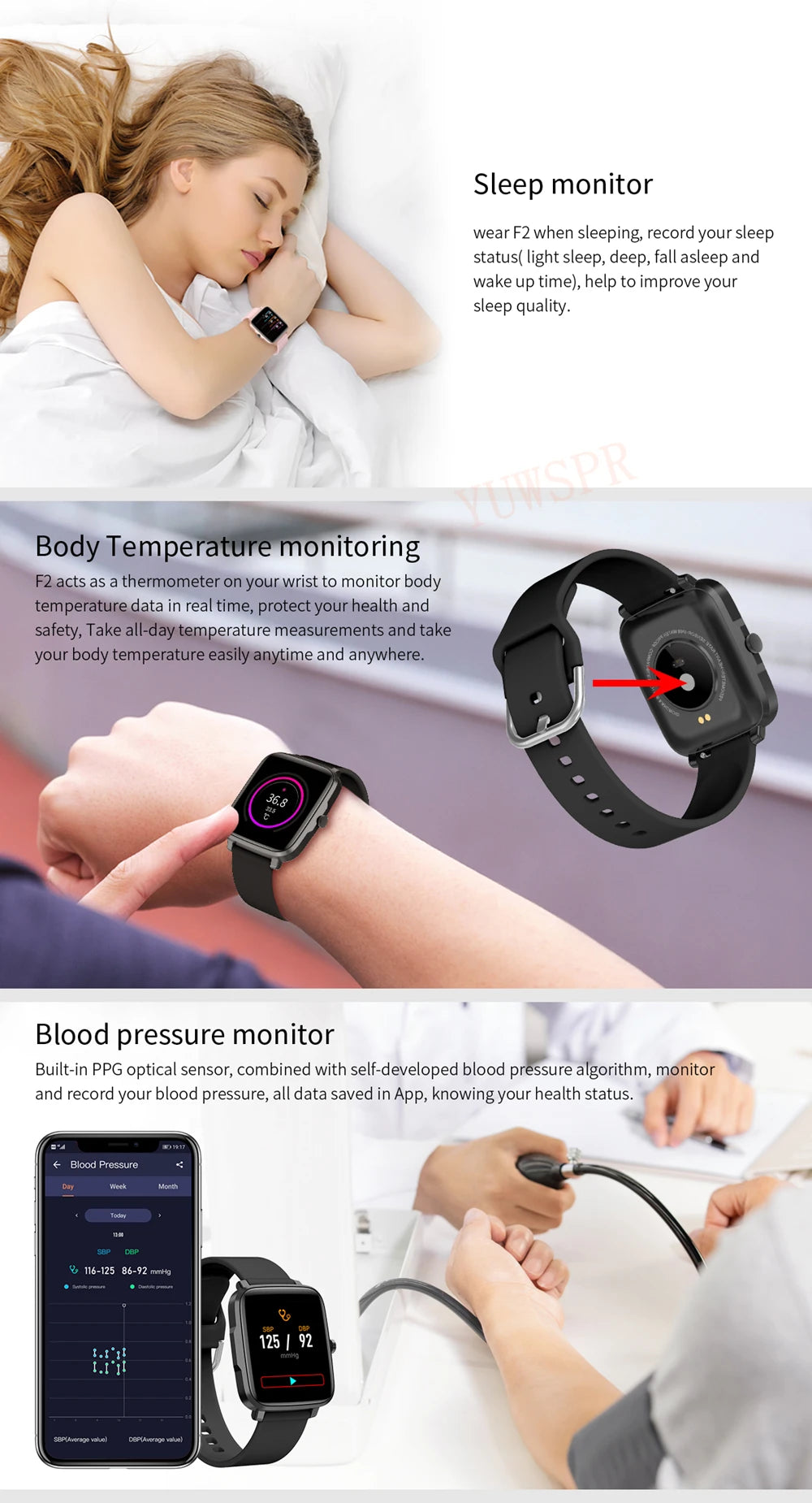 Ultra-thin Women Smart Watch IP68 Waterproof Heart Rate Blood Pressure Monitoring Fashion Smart Sports Bracelet for Lady Girl F2