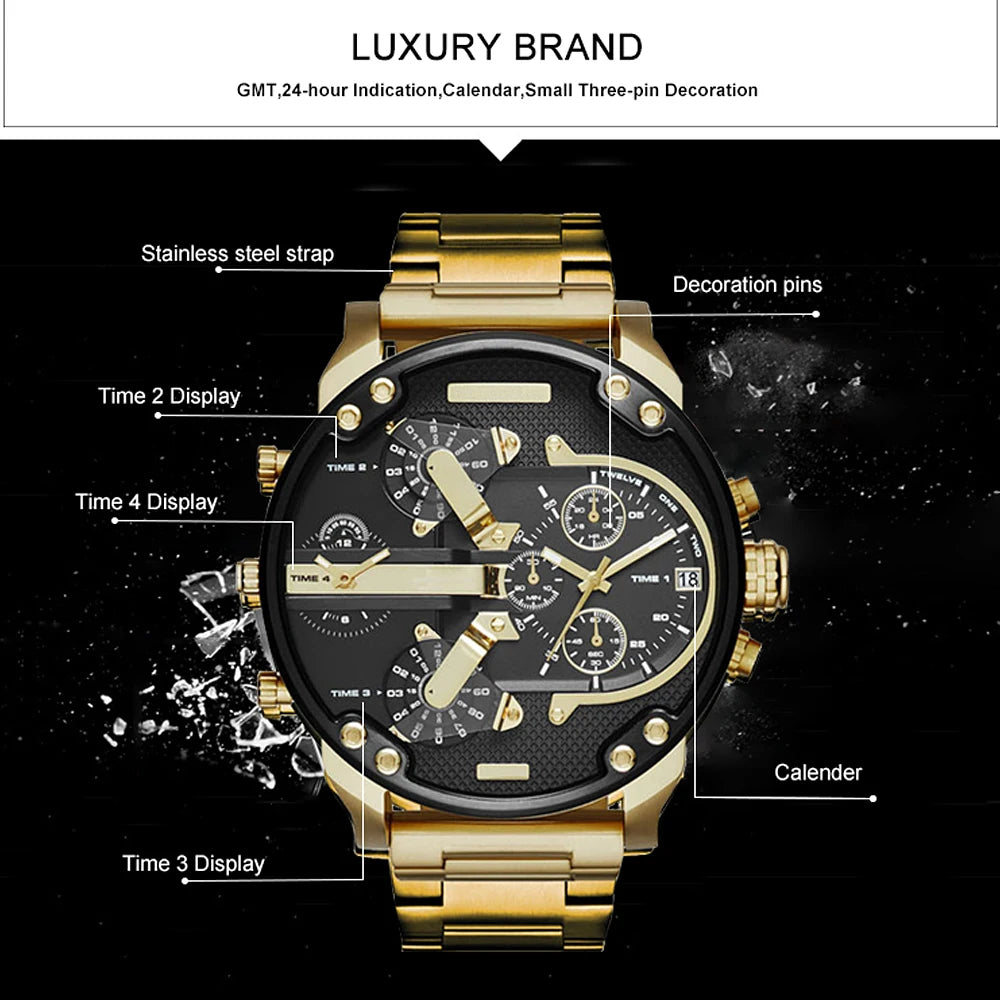 Men's Sport Watch with Large Dial Stainless Steel Analogue Quartz Watch Fashionable Luxury Casual and Business Watch for Men