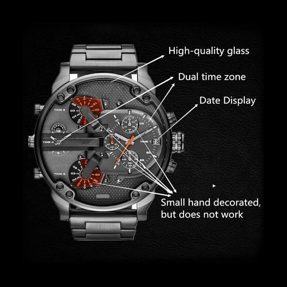 Men's Sport Watch with Large Dial Stainless Steel Analogue Quartz Watch Fashionable Luxury Casual and Business Watch for Men