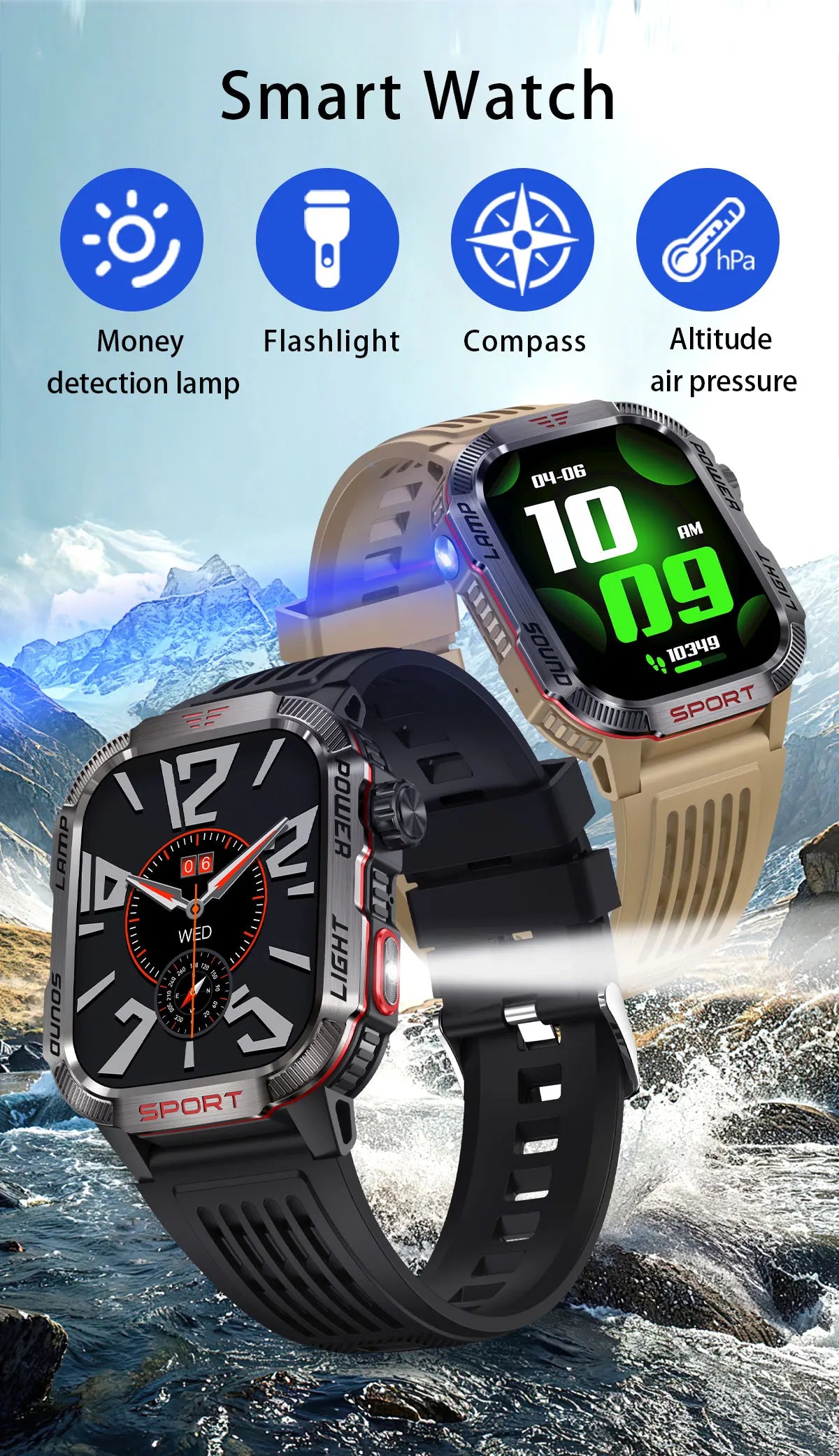 2024 New Rugged Military Fitness Smart Watch Men GPS Flashlight Compass 600mAh Battery For Xiaomi Outdoor Sport Call Smartwatch