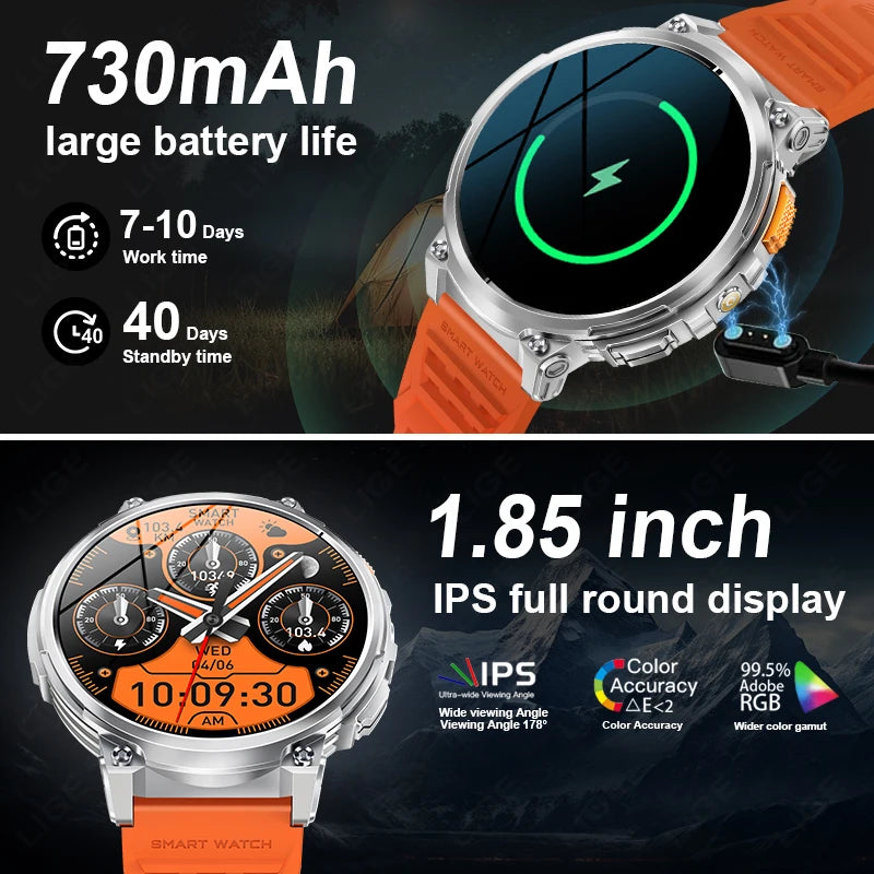 2024 Smart Watch Men 1.85'' Screen Outdoor Sport Heart Rate Flashlight Watch 730mAh Battery Waterproof Wireless Call Smartwatch