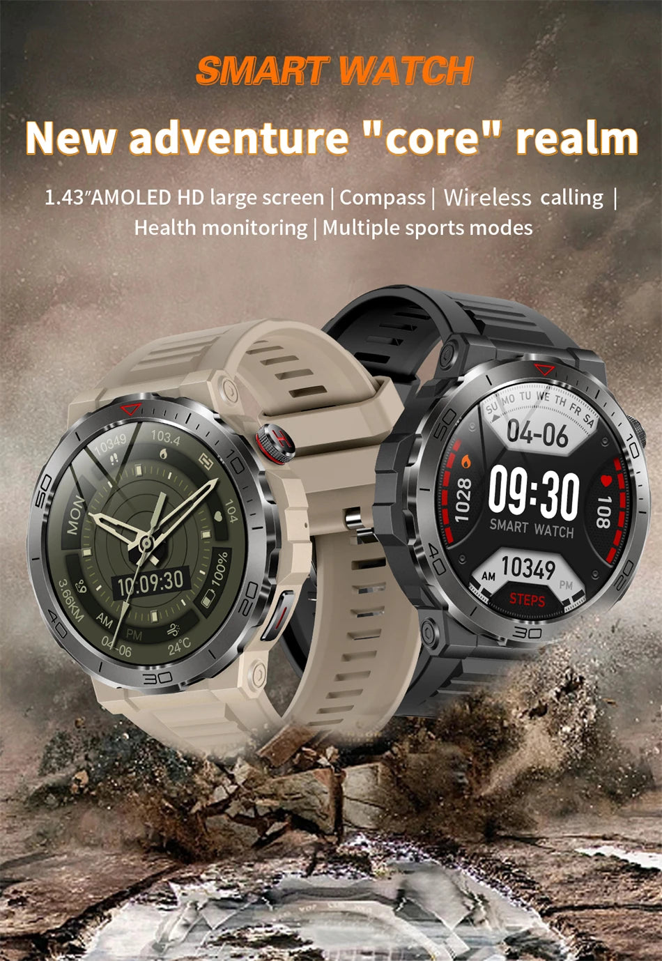 2024 Outdoor Compass Smartwatch Men 1.43inch AMOLED Sports Fitness Watch Bluetooth Call Waterproof Smart Watch For Huawei Xiaomi