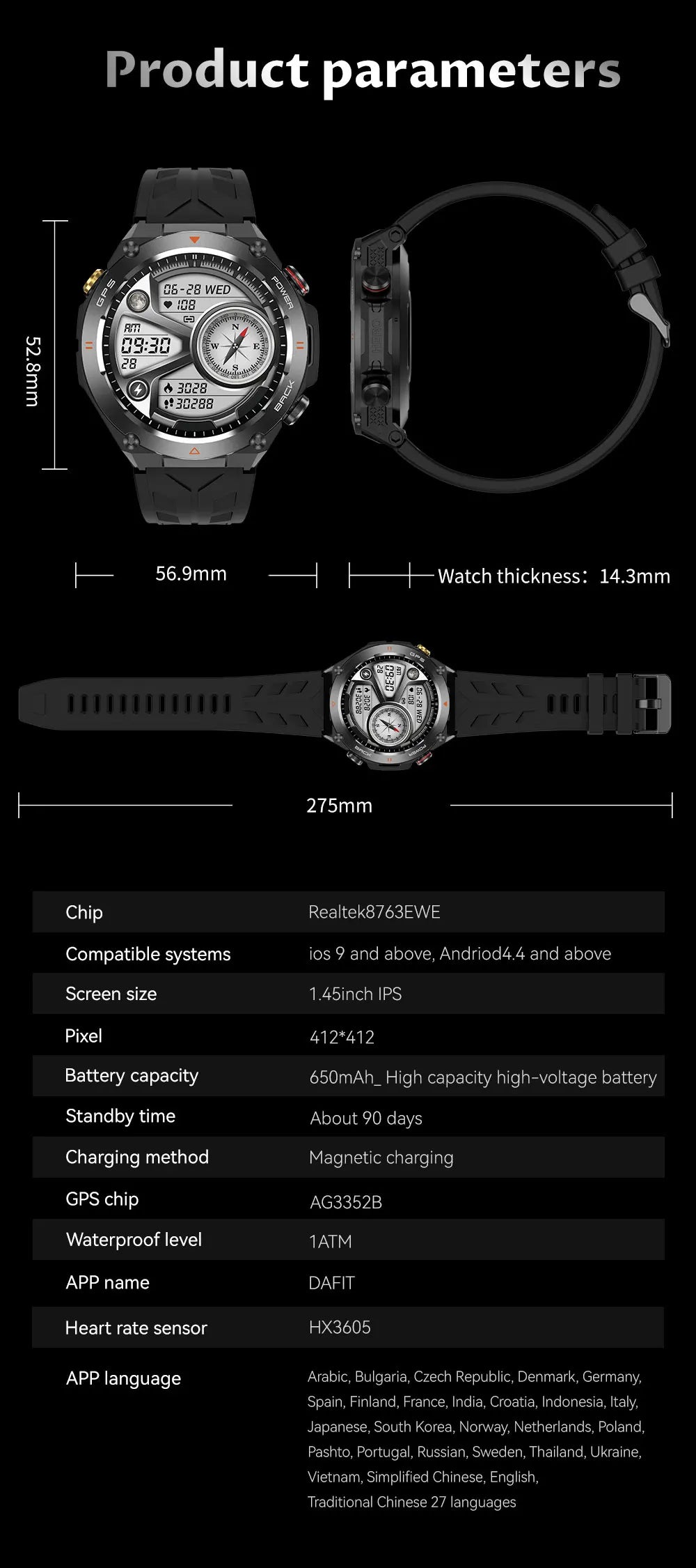 GPS Sport Tracker For Android AMOLED Smart Watch Men Heart Rate Bluetooth Call IP68 Waterproof 650mAh Smartwatch Clock 2024 New