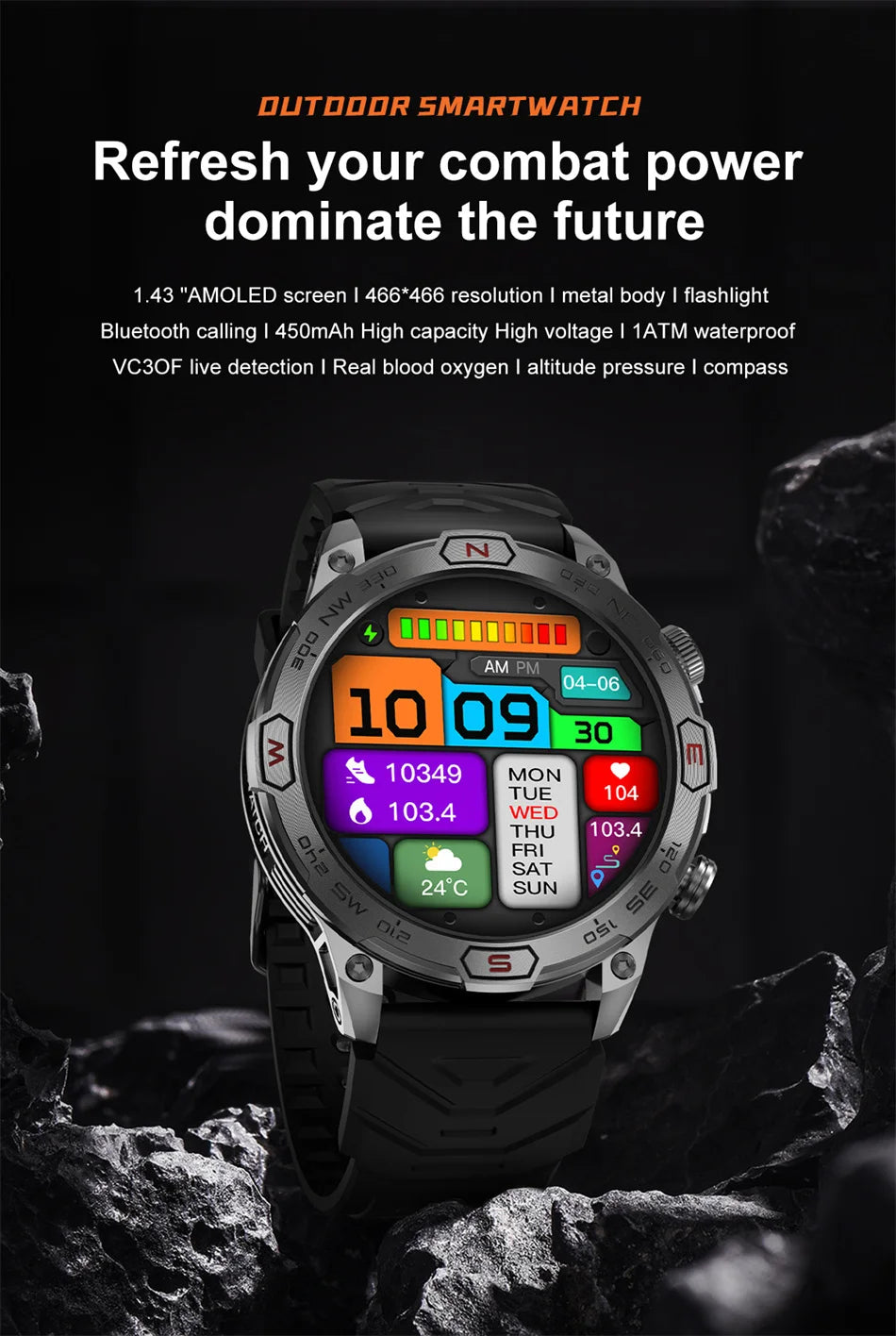 2024 New Outdoor Smart Watch 1.43" Screen 1ATM Waterproof Watch Men Bluetooth Call Smartwatch GPS Motion Trajectory For Android