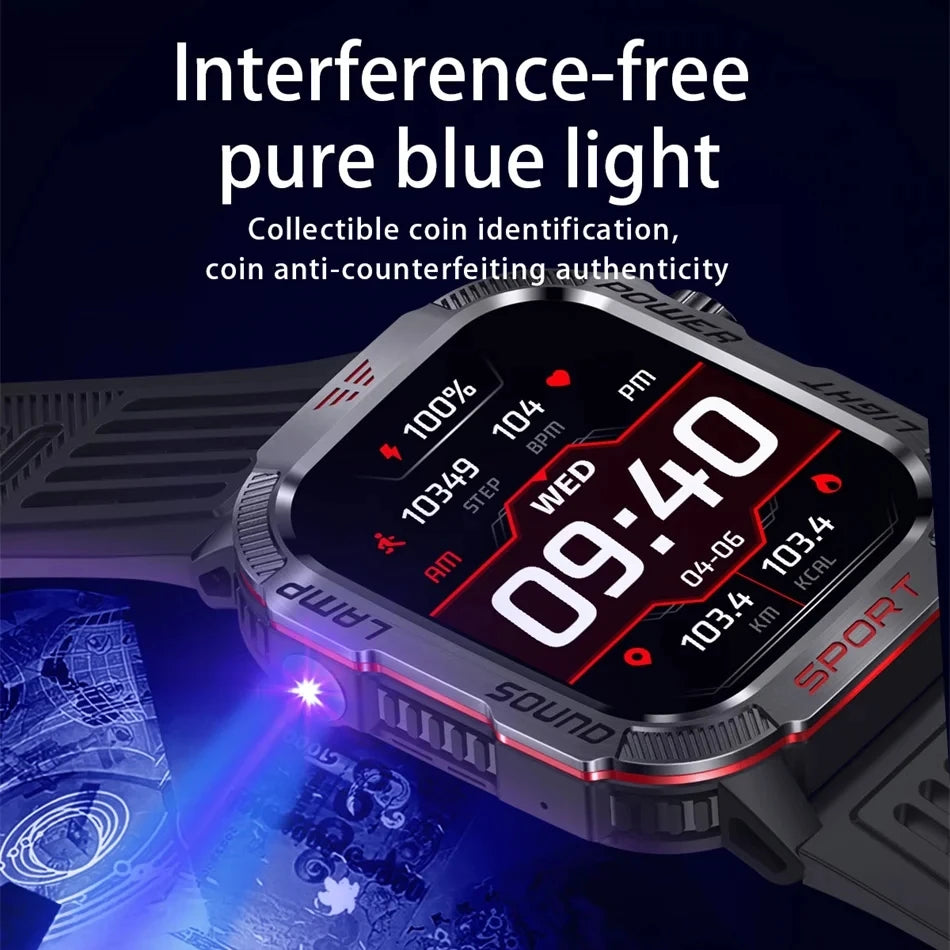 2024 New Android Military Smartwatch For Men LED Flashlight Compass IP68 Waterproof Activity Tracker Bluetooth Talk Smartwatch