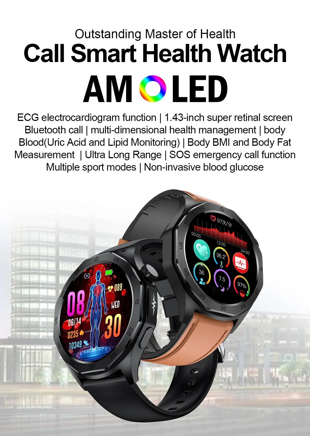 2024 New Medical Grade Smart Watch AI Diagnosi Blood Lipid Uric Acid Body Fat Blood Oxygen ECG+PPG Bluetooth Call Smartwatch Men