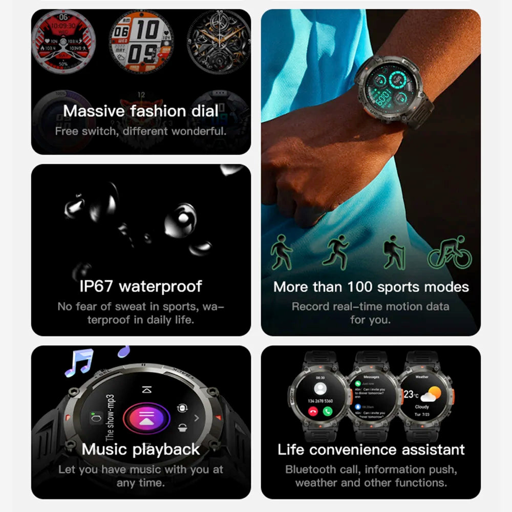 2024 Outdoor Sport Smartwatch Men Flashlight Heart Rate Fitness Bracelet Bluetooth Call Whatsapp Notification Waterproof Watch