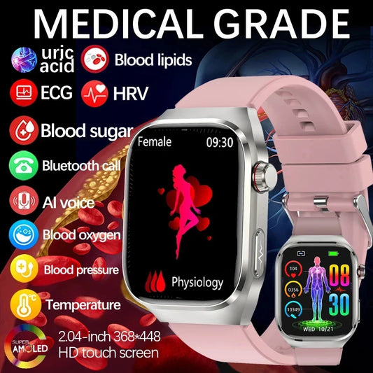 2024 Medical Grade Smart Watch Blood Sugar Blood Fat Uric Acid HRV ECG+PPG Monitoring Bluetooth Call Health Smartwatch Men Women