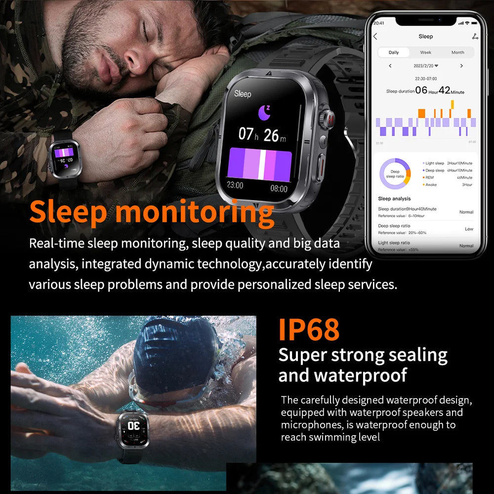 New Rugged Military Black Smart Watch Men For Android Xiaomi Ios 3ATM Waterproof Sport Fitness Ai Voice Smartwatch Outdoor 2024