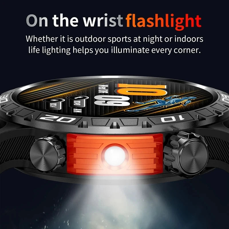 2024 New Outdoor Smart Watch Men With Flashlight Sport Fitness BT Call Blood Pressure IP68 Waterproof Smartwatch For Android iOS