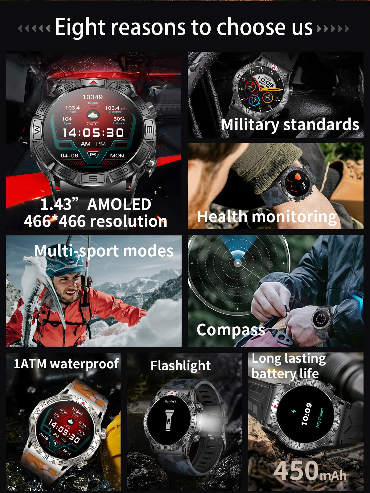 2024 New  Military Smart Watch Men 1ATM Waterproof Sports Watches Bluetooth Call AMOLED Always On Display Smartwatch For Xiaomi