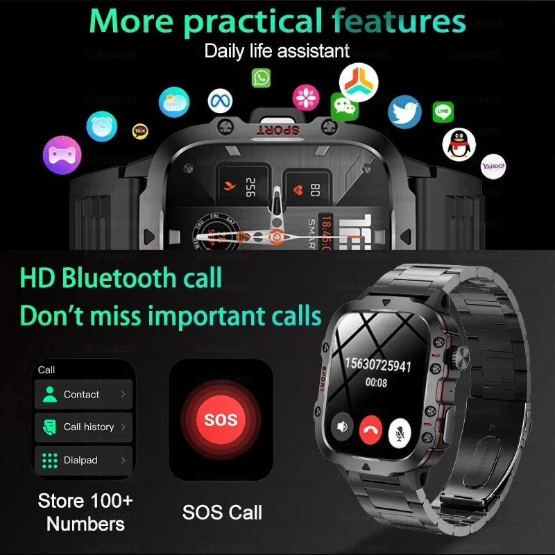 New Rugged Military Black Smart Watch Men For Android Xiaomi Ios 3ATM Waterproof Sport Fitness Ai Voice Smartwatch Outdoor 2024