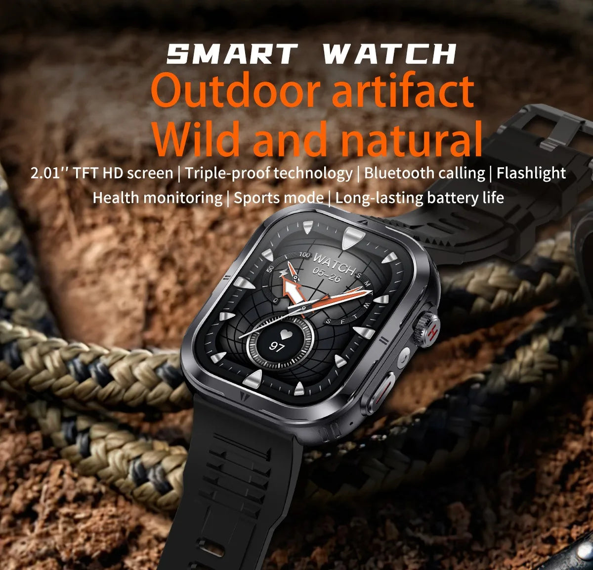 2024 Smart Watch Men Outdoor reloj hombre LED Flashlight 2.01 inch Bluetooth 5.2 Call Women Smartwatch 100+ Sports Modes Watches