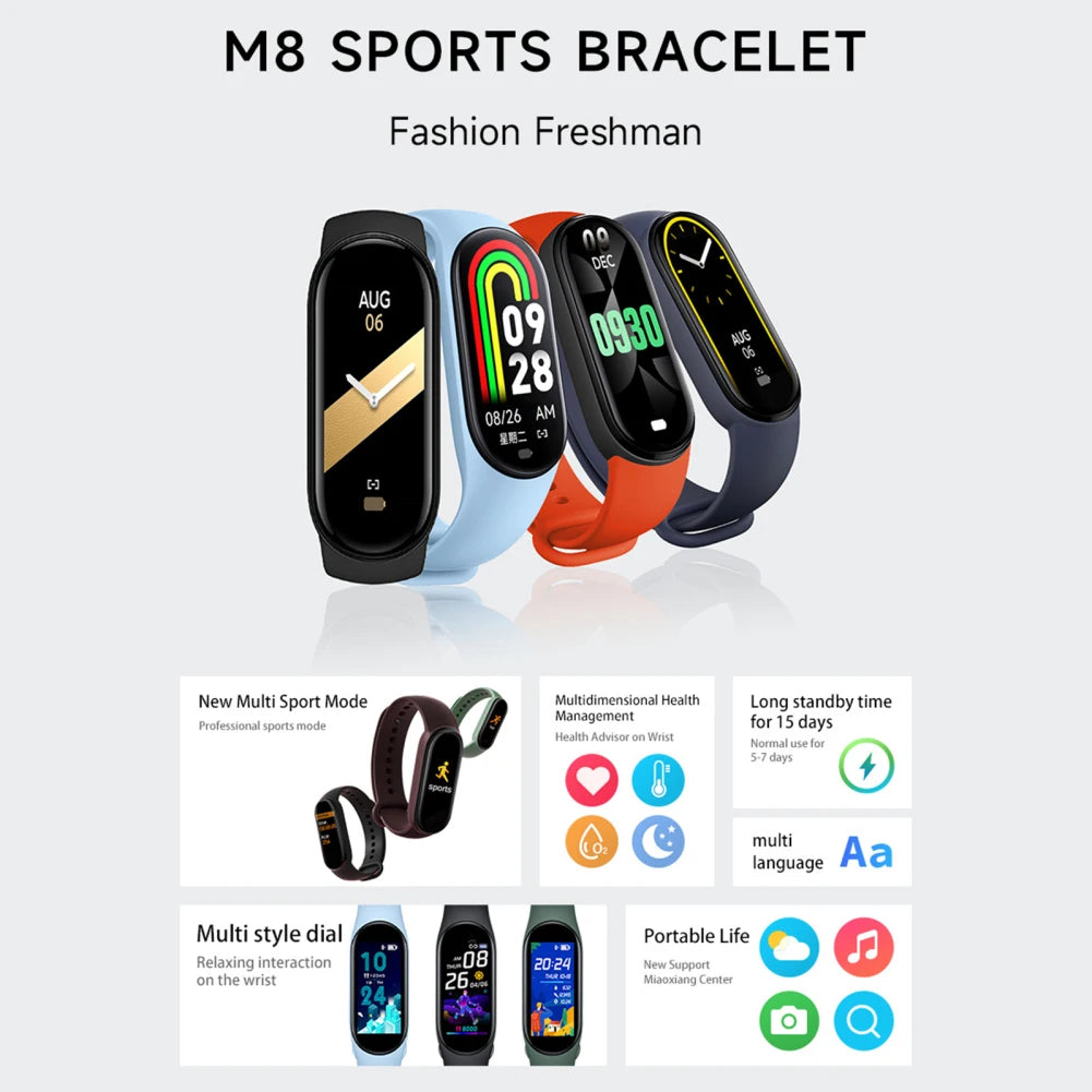 M8 Smart Watch Smartband Heart Rate Smartwatch Monitor Fitness Tracker Blood Pressure Sport Bracelet for Mi Band 8 Men Women