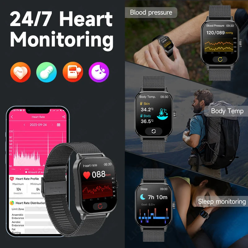 2024 New Smart Watches Men 3D Screen Blood Oxygen Health Temperature Monitor Bracelet Sports IP68 Waterproof Smartwatch For Men