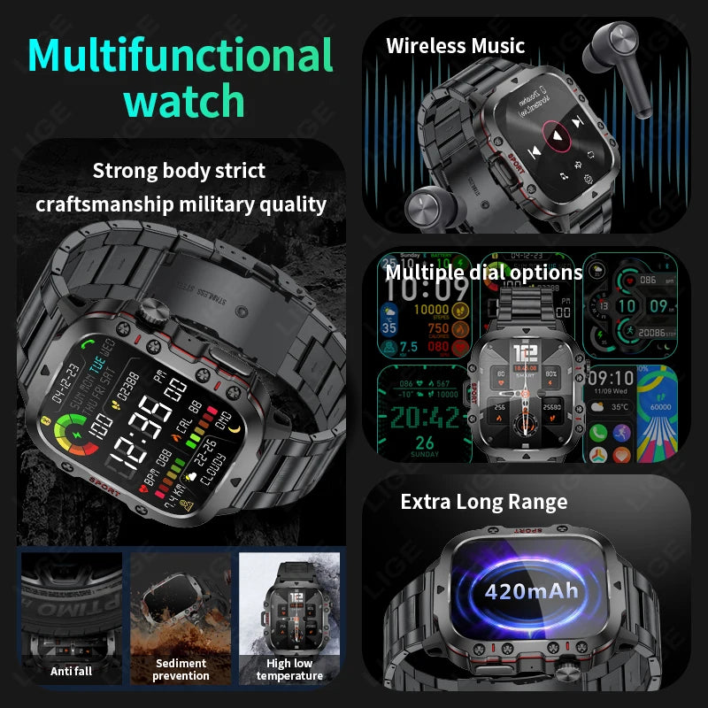 LIGE 2024 Outdoor Military Smart Watch Men IP68 Waterproof Sport Ftiness Men's Watches Bluetooth Call Smartwatch For Android IOS