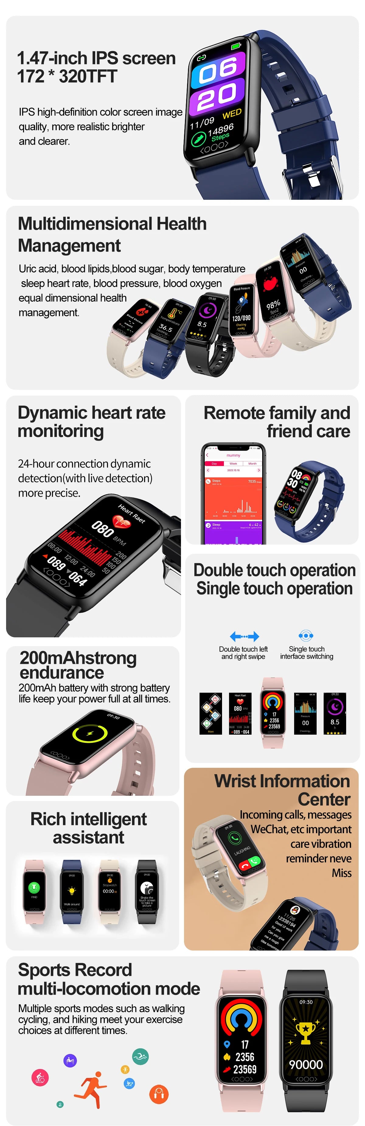 2024 Sports Smartwatch Heart Rate Blood Pressure Monitoring Waterproof Smart Bracelet Men Women Multi-Function Smart Watch