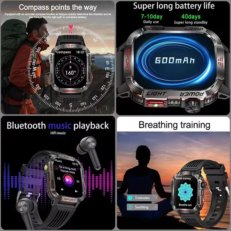 Military Sports GPS Smartwatch Men Flashlight Compass Altitude Pressure Fitness 3ATM Waterproof Bluetooth Call Smart Watch 2024