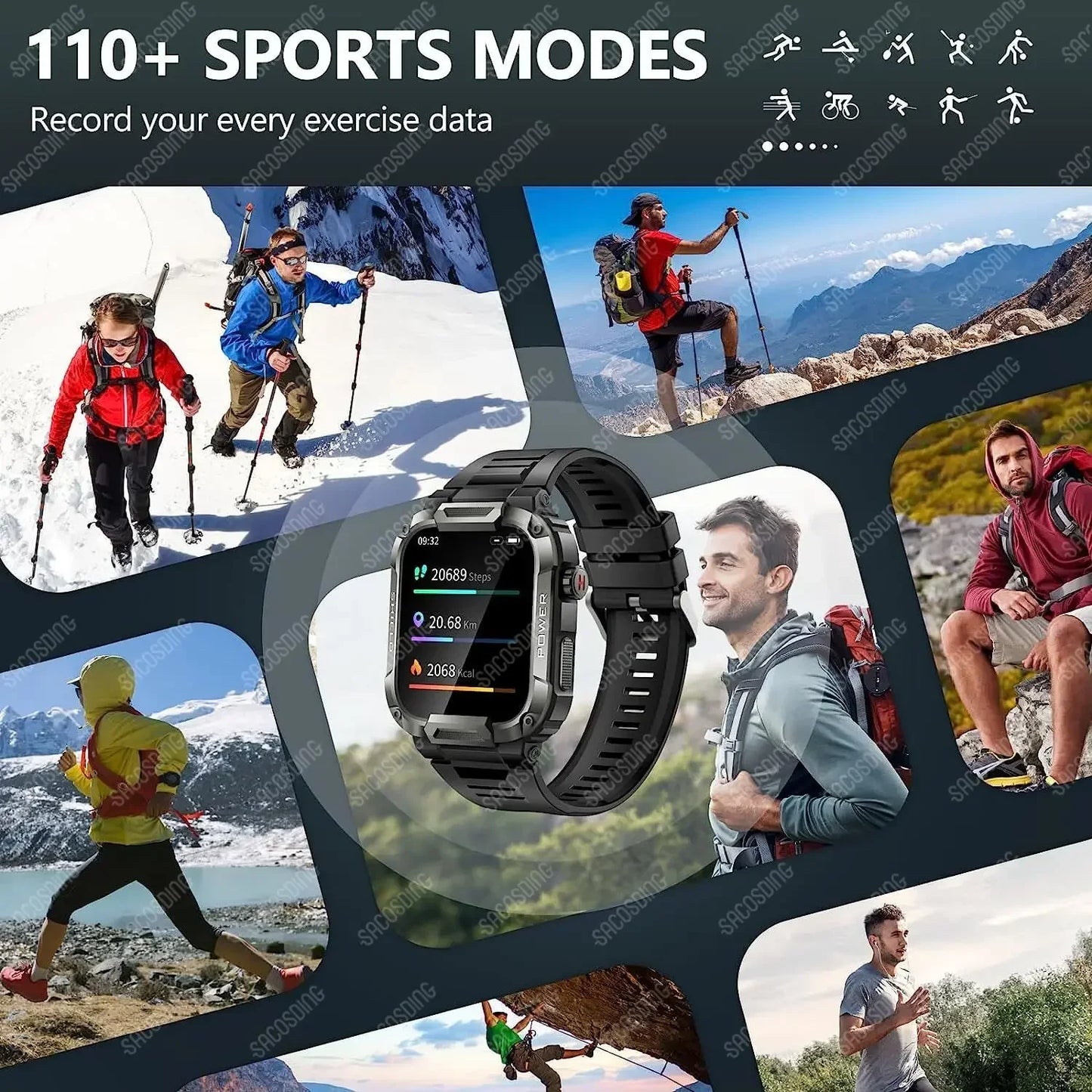 2024 Men Smart Watch Military Healthy Monitor Blood Pressure Smartwatches Bluetooth Call AI Voice Fitness Sports Smartwatch IOS