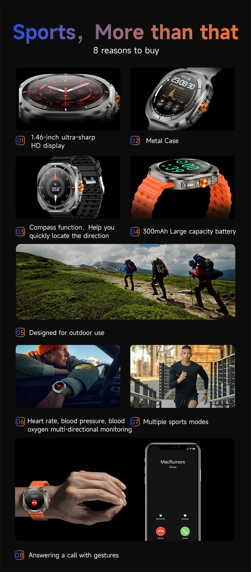 2024 For Samsung Galaxy Watch 7 Ultra Smart Watch Men 1.46"HD Screen Compass Outdoor Sports IP68 Waterproof BT Call Smartwatch