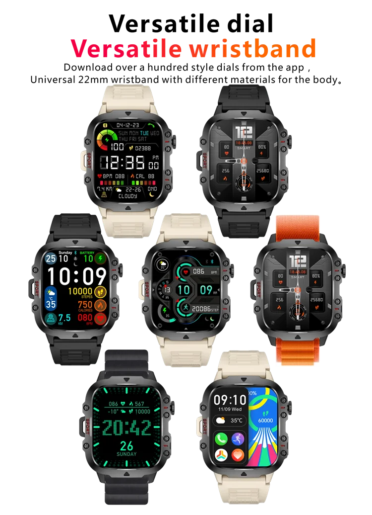 For Android IOS Rugged Military Smart Watch Men 1.96'' AI Voice Bluetooth Call Smartwatch 2024 Ip68 Waterproof Ftiness Watches