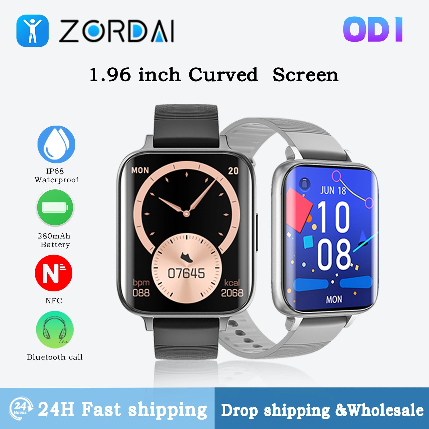 Zordai OD1 Smartwatch 2024 AI Voice Health Blood Monitoring APP NFC IP68 Sport mode Waterproof Smart Watch for Men Women ladies