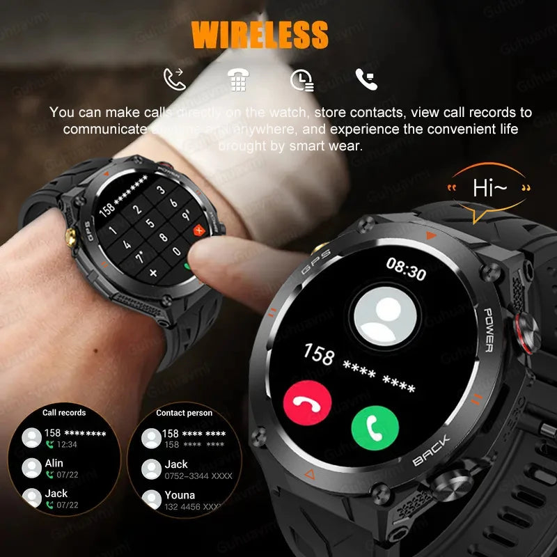 2024 GPS Smart Watch Men 1.45" Ultra HD Display Compass Altitude Sports Bluetooth Call 1ATM waterproof 650mAh Battery Smartwatch