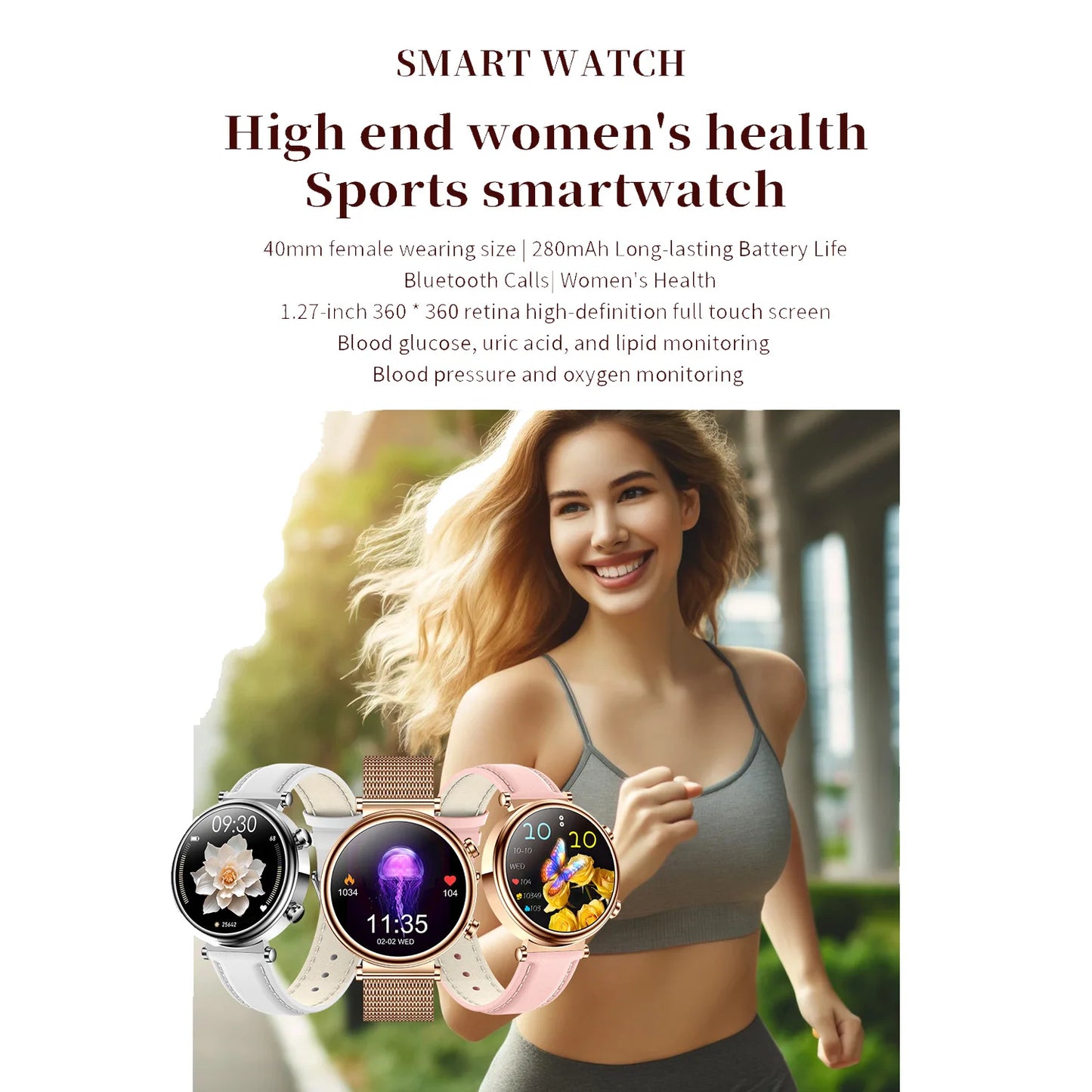 2024 Fashion Smart Watch for Women Lady Health Monitoring 1.27inch Screen IP68 Waterproof BT Calling Diamond Fashion Smartwatch