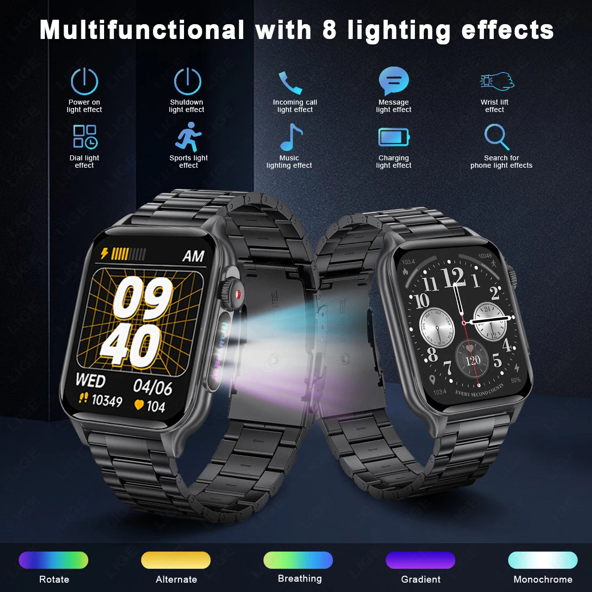 LIGE 2024 LED Flashlight Outdoor Sports Smartwatch 1.96'' HD Screen Bluetooth Call Waterproof Men Smart Watches Health Bracelets