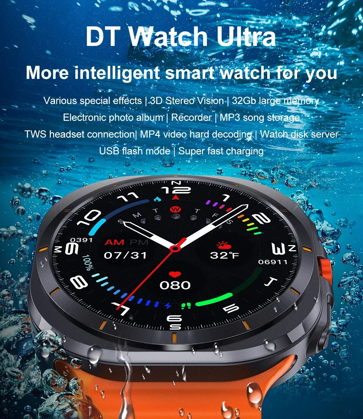 2024 DT Watch Ultra 47mm Smart Watch for iPhone Samsung Galaxy Phone 32GB ROM Video Player Men Women Sport Smartwatch NFC