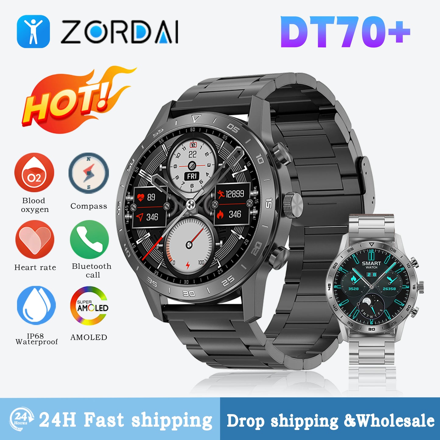 2024 DT70+ Smart Watch Stainless Steel Business Fitness Wristwatch 1.45 Round Screen Bluetooth Call Smartwatch for Men Women