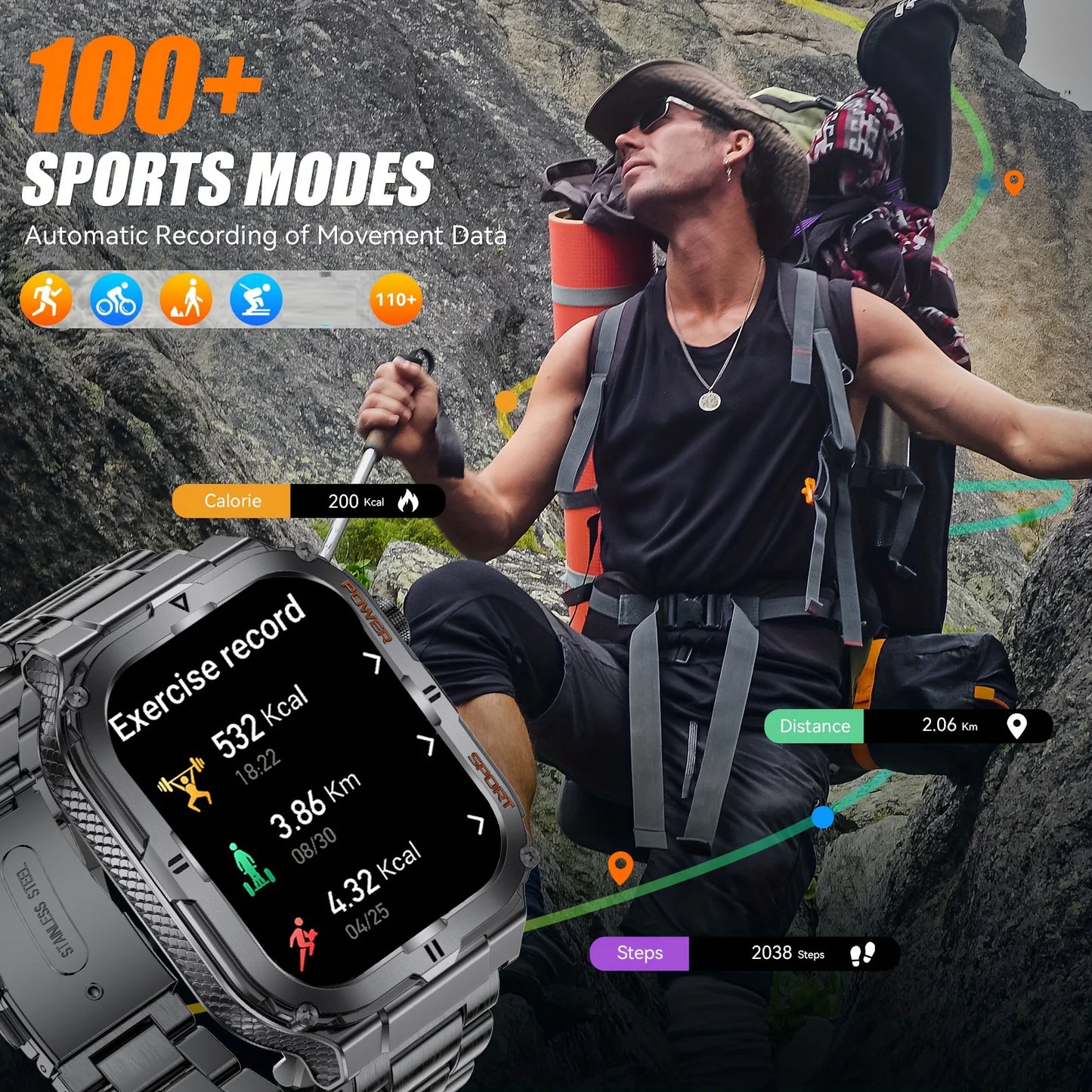 2024 New rugged Military Fitness smartwatch for Men Android IOS IP68 Waterproof Sport Ai Voice Call LED Flashlight Smartwatch