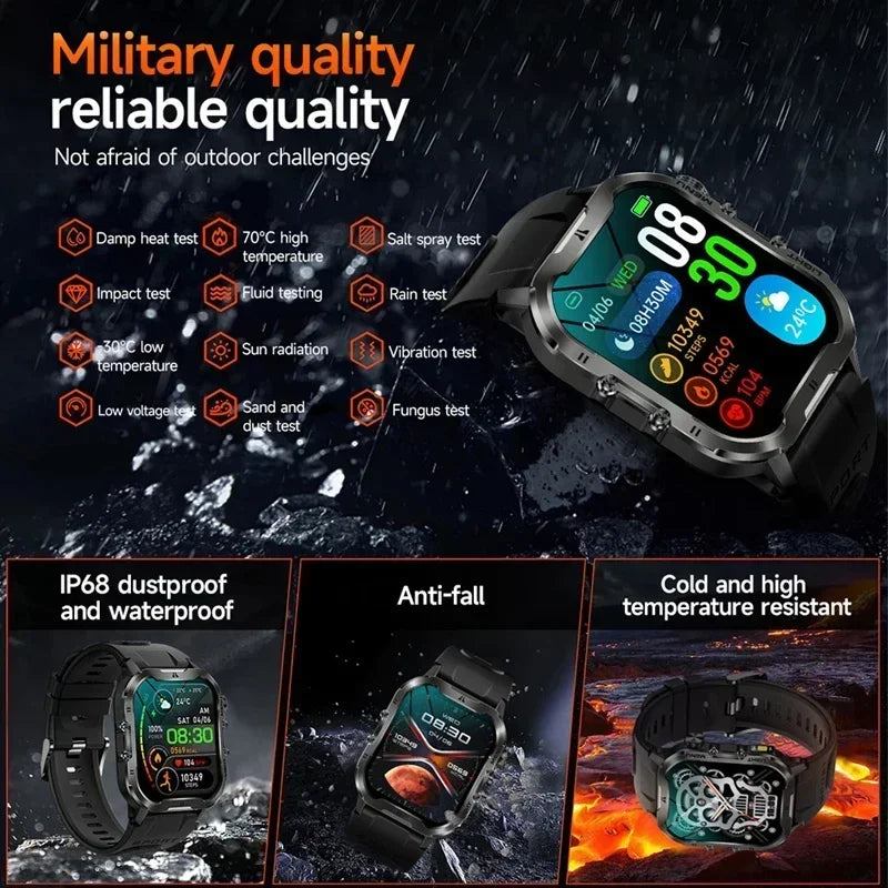 2024 T26 For Xiaomi Military Smart Watch Men Outdoor Sports Flashlight Fitness Watches Health Monitor 1.96" BT Call Smartwatch