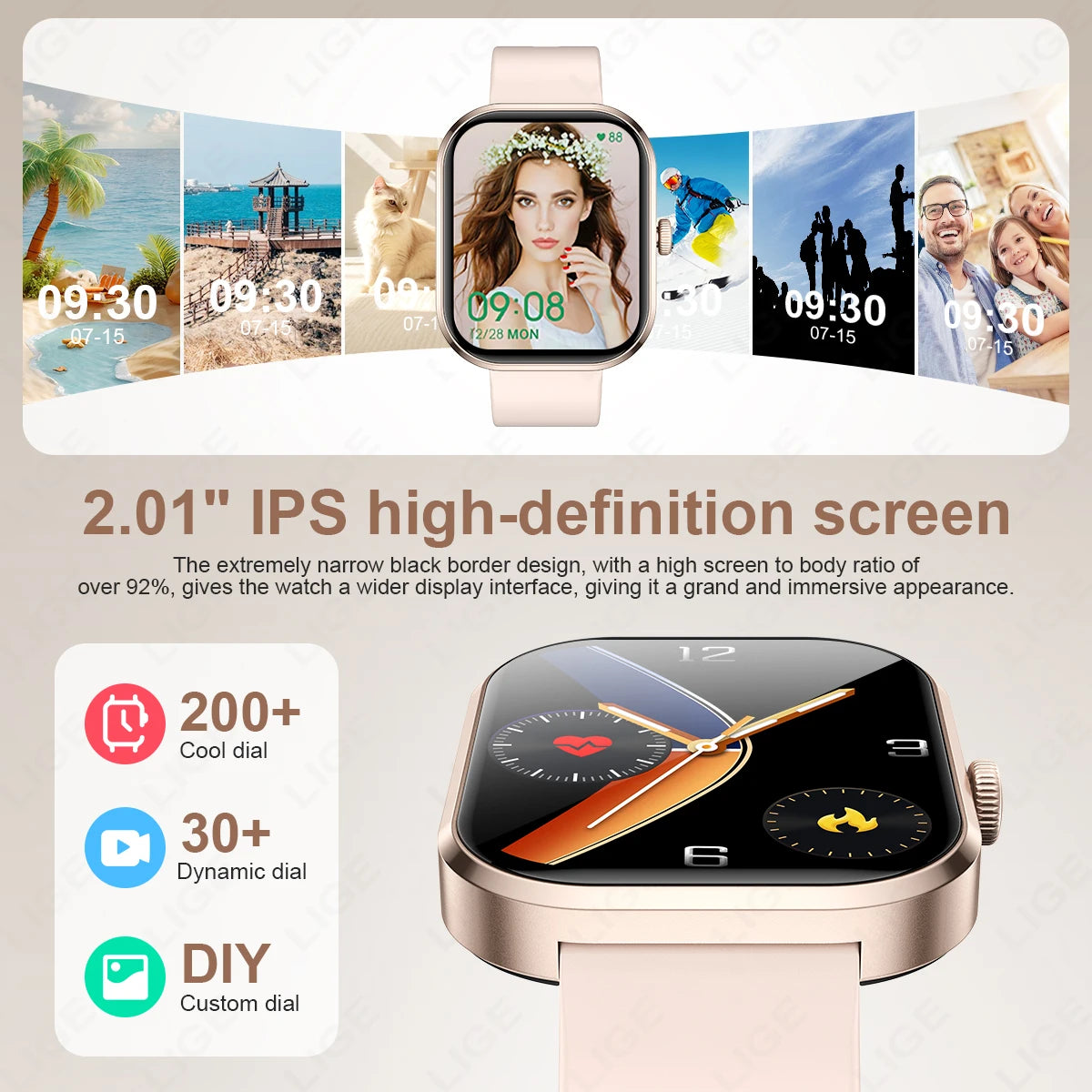 LIGE Smart Watch Women 2.01'' IPS HD Wireless Call 230mAh Large Battery Sports Watches Blood Oxygen Monitor Men Smartwatch 2024