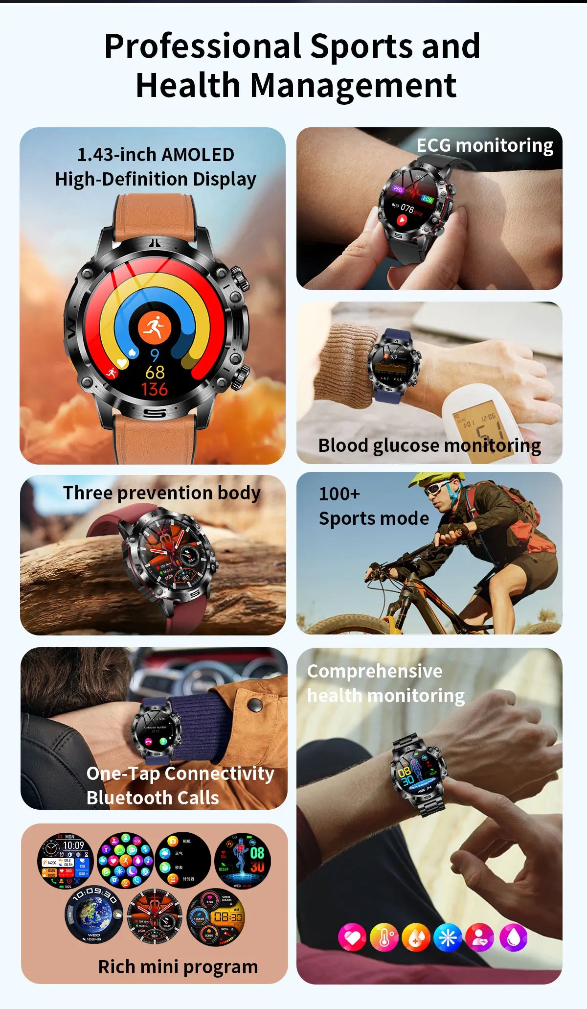 For HuaWei 2024 New Blood Glucose Lipids Monitor Health Smart Watch Men ECG+PPG Blood Pressure IP68 Waterproof Sport SmartWatch