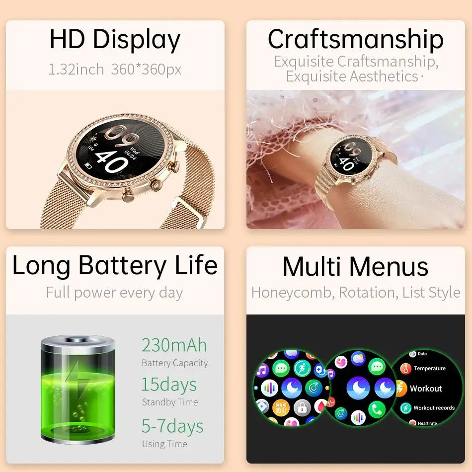 Fashion Luxury Smart Watch Women Bluetooth Call Blood Pressure DIY Custom Sport Fitness Waterproof  Smart watches For Women Gift