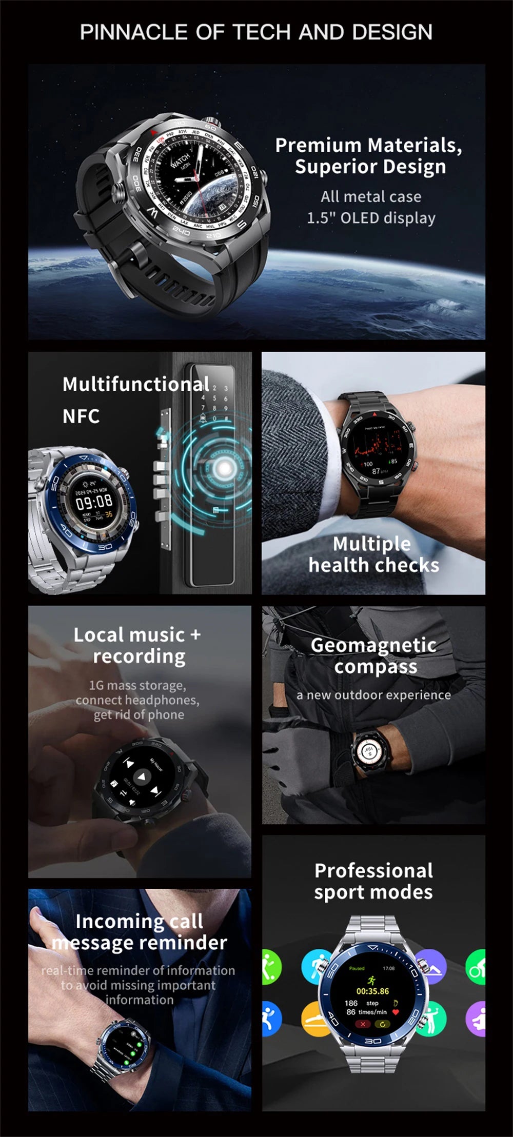 2024 New Blue Tooth Call Men Smart Watch Compass Recording Local Music Playing Bracelet Sports Fitness NFC Waterproof Smartwatch