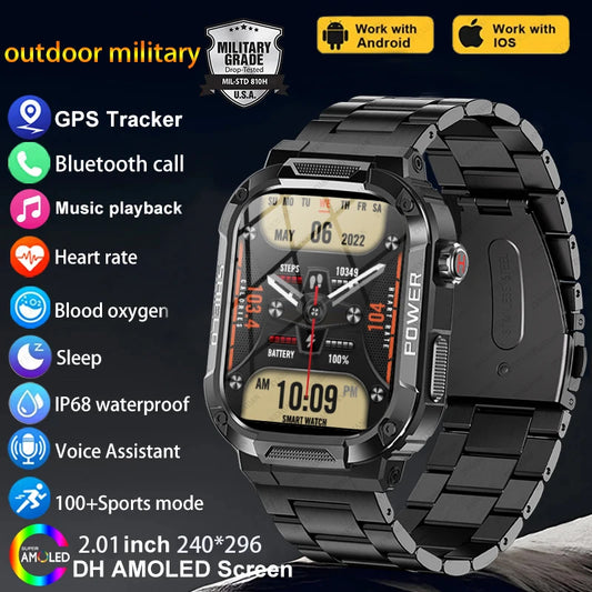 2024 New 2.01" Outdoor Military Smart Watch Men Bluetooth Call Smartwatch For Android IOS IP68 Waterproof Sports Fitness Watches