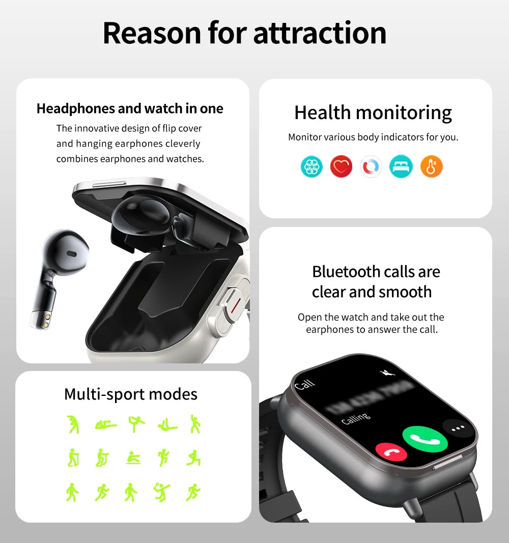 2024 2-In-1 Smartwatch With Earphones Man 2" Multi Sport Bt Call Nfc Exercise Tracker Compatible With Iphone Android Phone