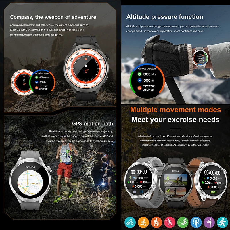 For HUAWEI Outdoor Sports Smart Watch Men AMOLED Screen NFC GPS Compass Heart rate Waterproof Bluetooth Call SmartWatch New 2024