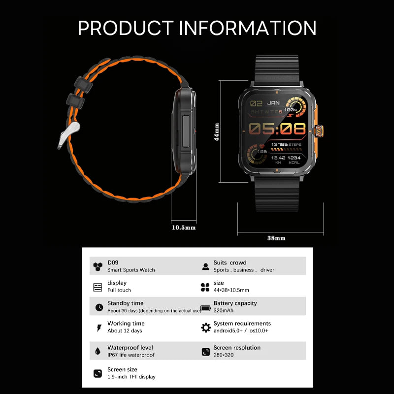 2024 New Smart Watch Men Full Touch Screen Outdoor Sport Fitness Watch IP68 Waterproof Bluetooth For Android Smartwatch D09